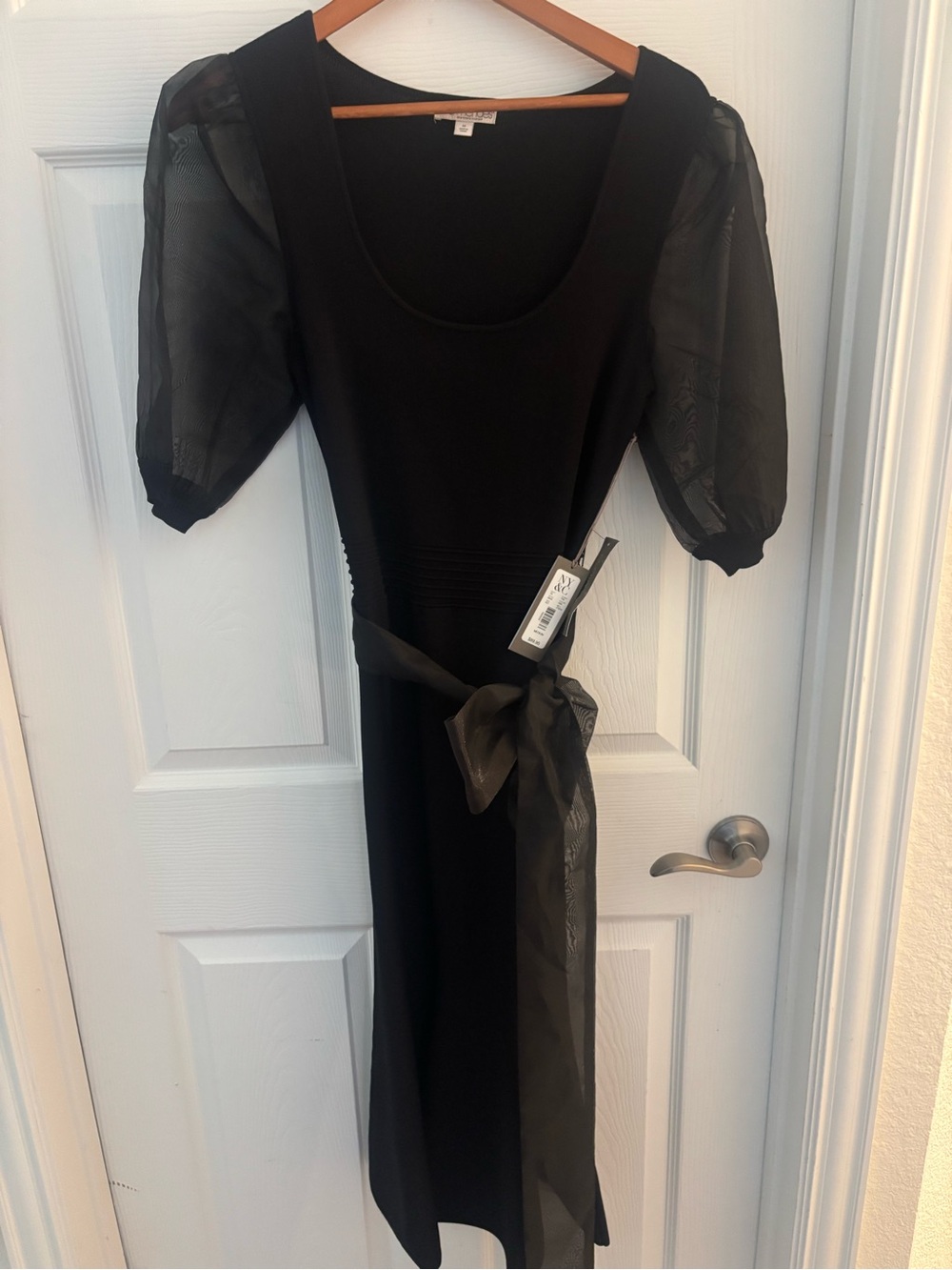 NWT Eva Mendes for New York & Company Black Midi Dress with Sheer Puff Sleeves